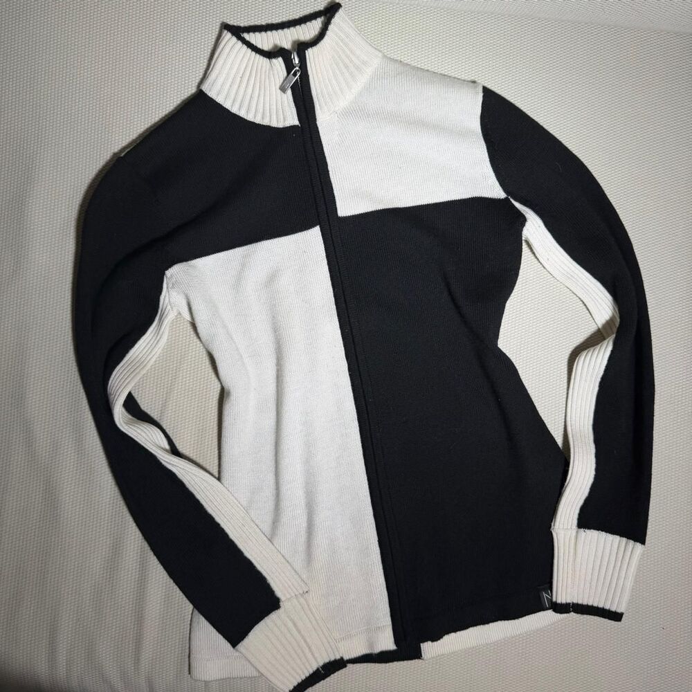 Neve Wool Blend Women's Black and White Zip Up Mock Neck Sweater Size Small EUC